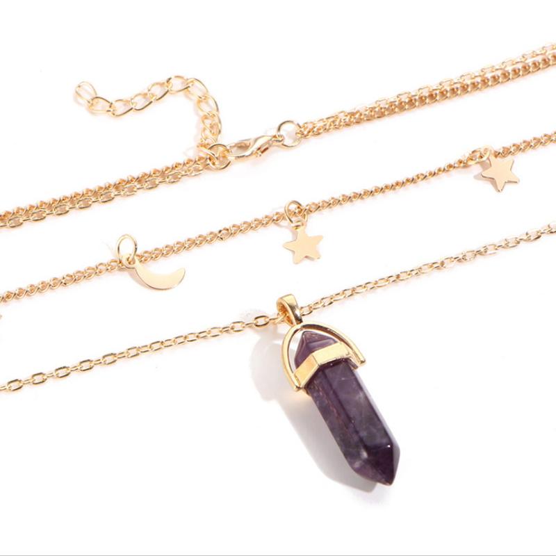Healing Crystal Pendulum Stone with Stars and Moon Choker  - Deep Purple