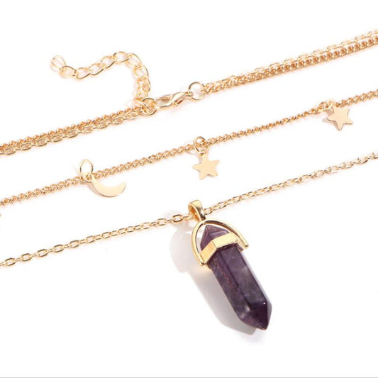 Healing Crystal Pendulum Stone with Stars and Moon Choker  - Deep Purple