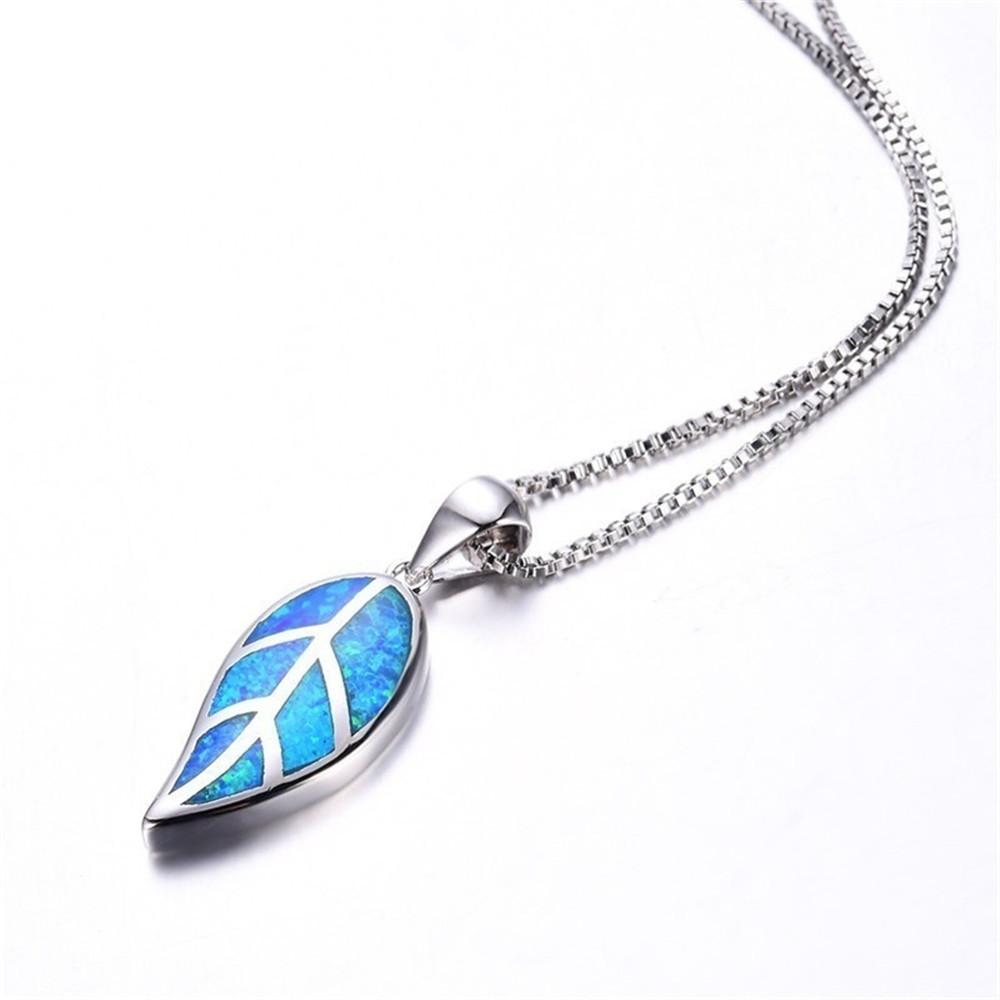 Silver Heavy Chain Blue Leaf Fire Opal Pendant Necklace
