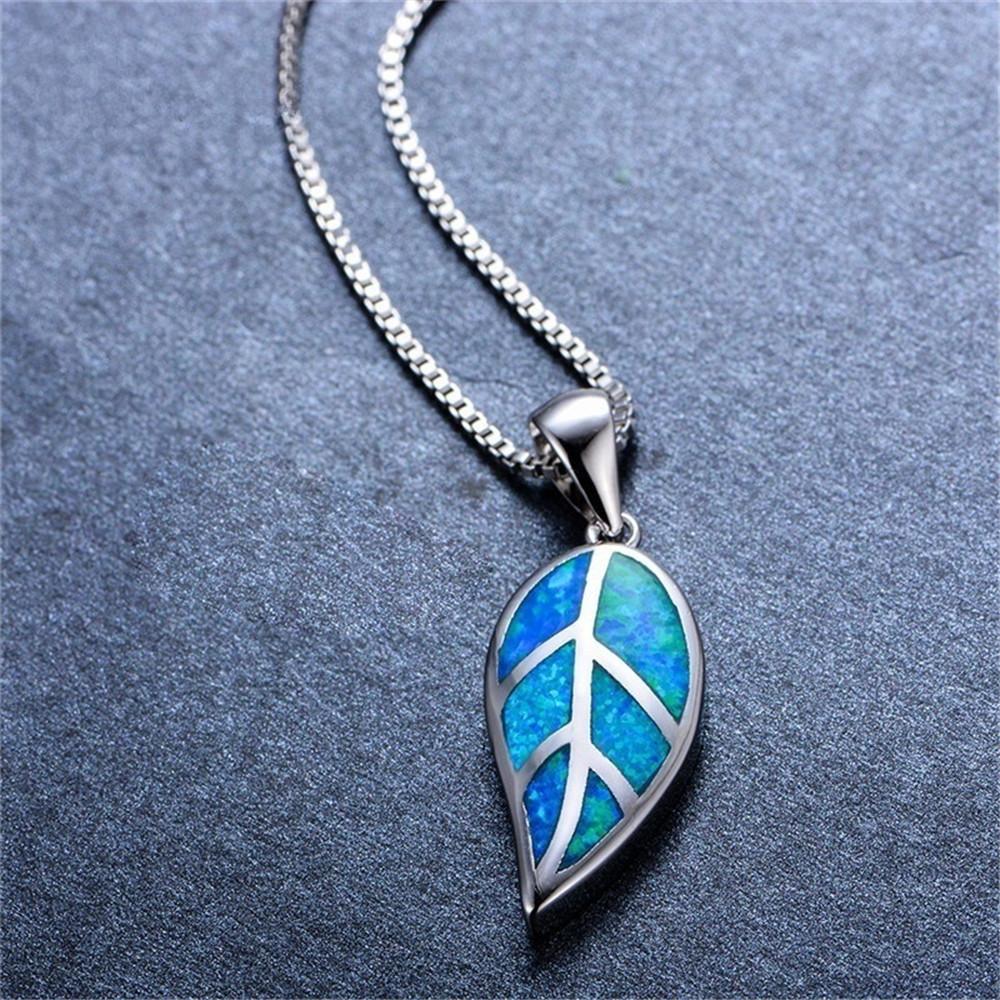 Silver Heavy Chain Blue Leaf Fire Opal Pendant Necklace