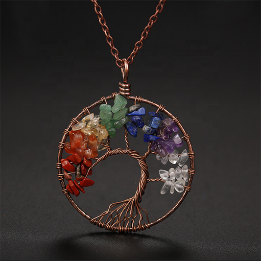 Handmade Bohemian Tree of Life Wire Quartz Stone Necklace w/ Copper Chain - 7 Chakra Rainbow