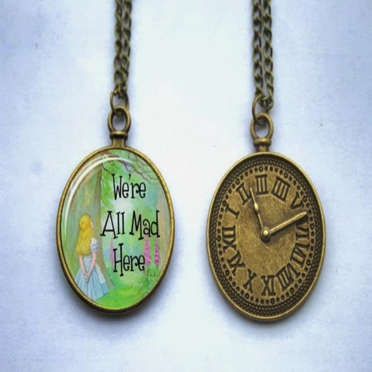 "We're All Mad Here" Alice In Wonderland Art Double Sided Glass Pendant