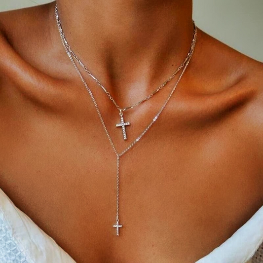 Rhinestone Double Layer Silver Two Cross Necklace