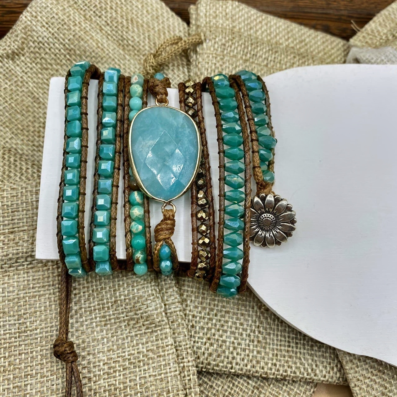 Handmade Bohemian 5 Wrap Mixed Natural Stones, Beads, and Charms Bracelet - Turquoise