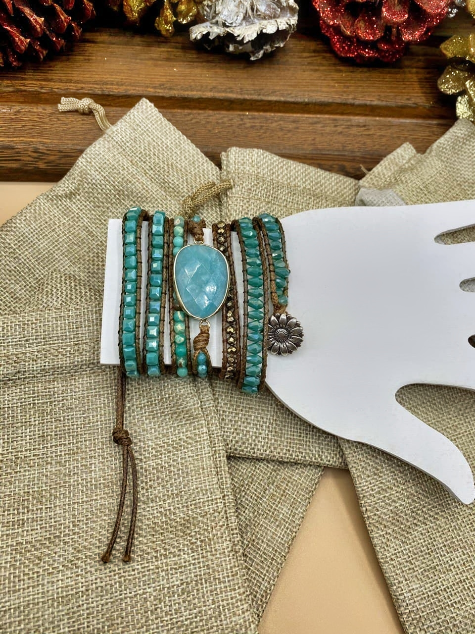 Handmade Bohemian 5 Wrap Mixed Natural Stones, Beads, and Charms Bracelet - Turquoise