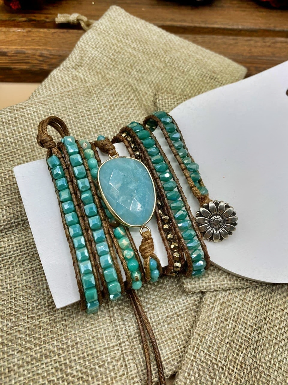Handmade Bohemian 5 Wrap Mixed Natural Stones, Beads, and Charms Bracelet - Turquoise