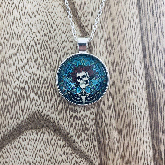 Grateful Dead Sugar Skull Glass Photo Pendant Necklace