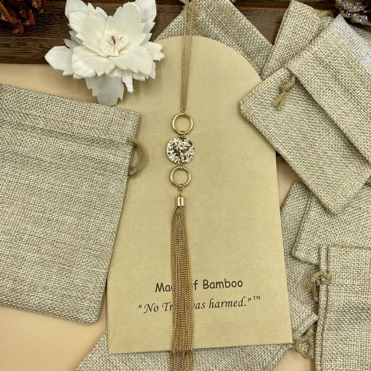 Hot Vintage Long Tassel Medallion Necklace - Two Circles with Center Stamped Medallion