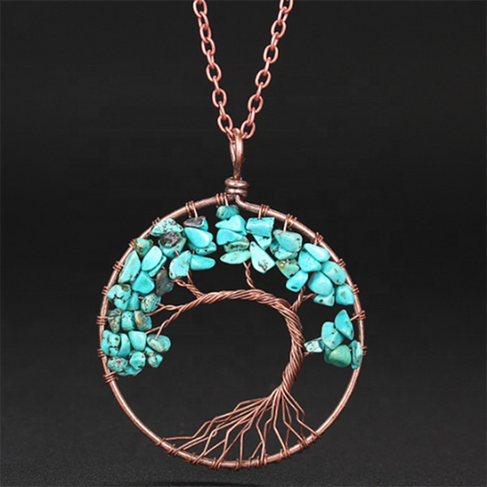 Handmade Bohemian Tree of Life Wire Quartz Stone Necklace w/ Copper Chain - Turquoise
