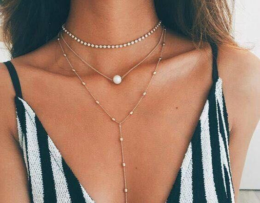 Triple Layer Hot Chic' Dangle Combo Choker & Mid Length Pearl Necklace